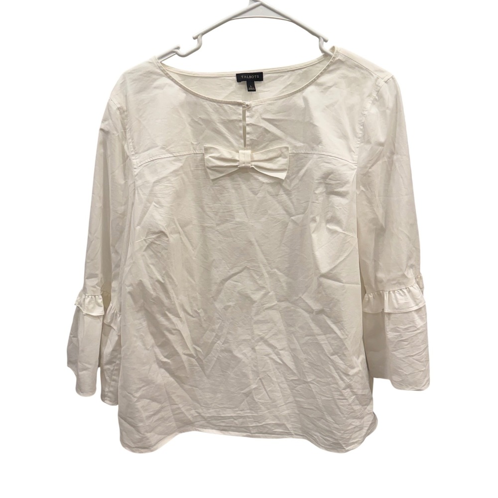Talbots Womens White‎ Bow Front Bell Sleeve Ruffle Blouse Top Large